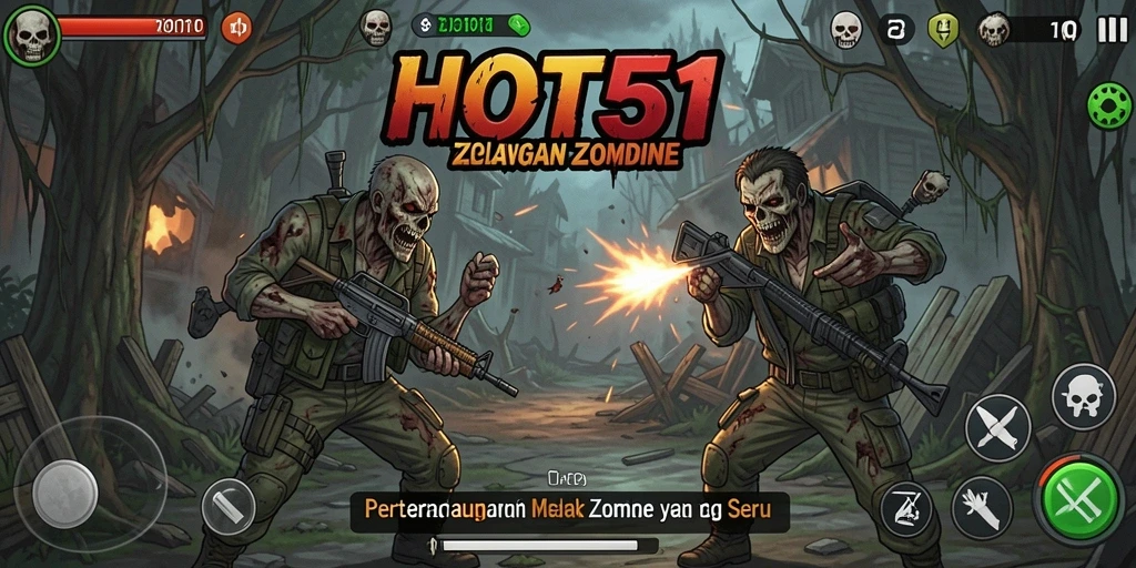 Screenshot dari gameplay HOT51 menunjukkan aksi menembak melawan zombie.