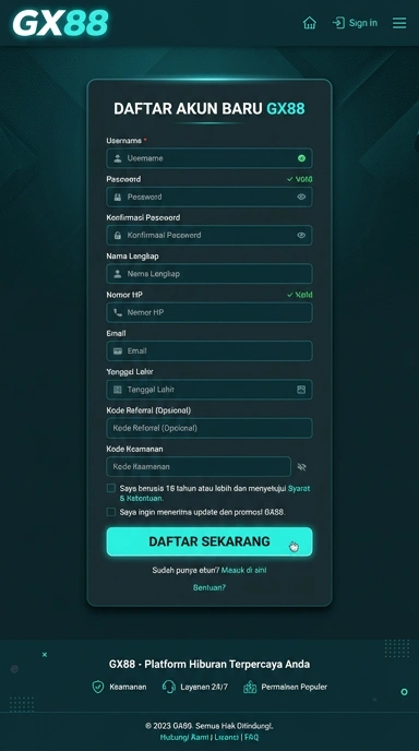 Tampilan halaman daftar gx88